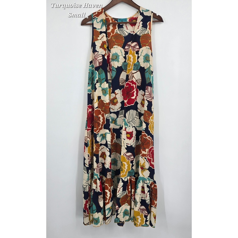 Vintage Turquoise Haven Floral Maxi Duster S Boho 70s Hippie Festival Vest